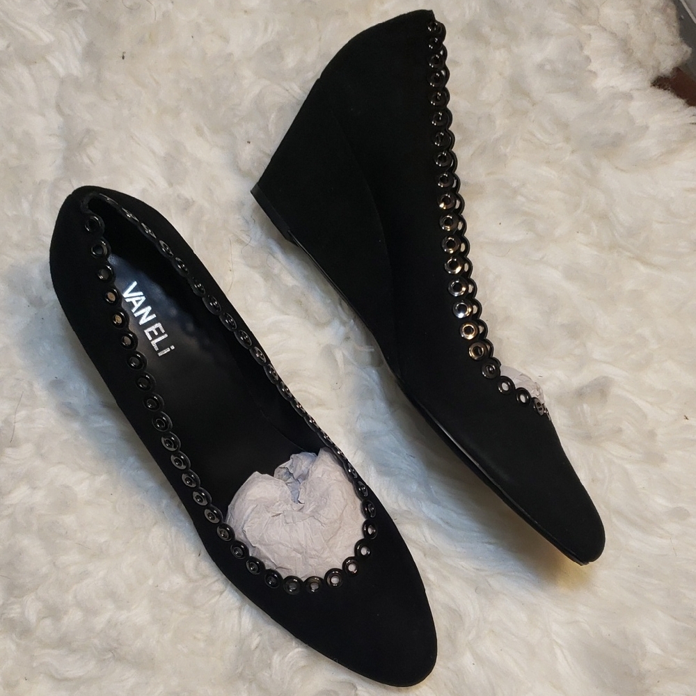 Vaneli Black Wedge Shoes with Embellished Trim